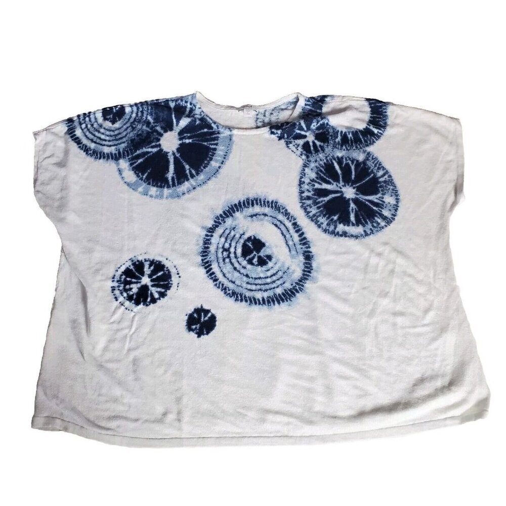 PureJill Shirt Large Petite White Blue Tie Dye Linen Knit Coastal Nautical
